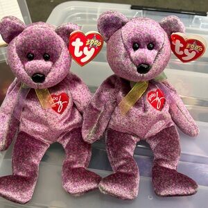 Ty Pink Patterned Plush Bear Pair with Heart Tags 2000 Signature Bear